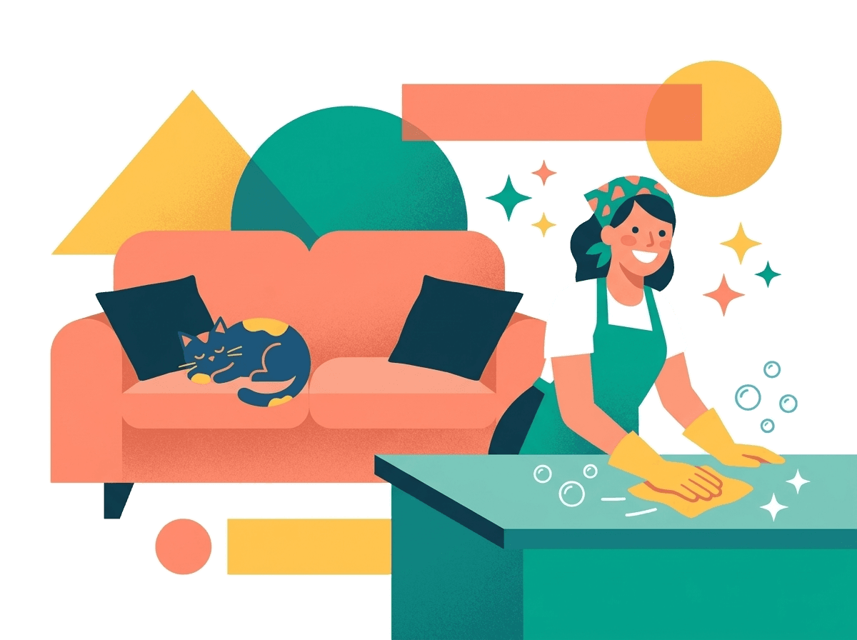Ilustrace úklidu bytu - utírání kuchyňské linky