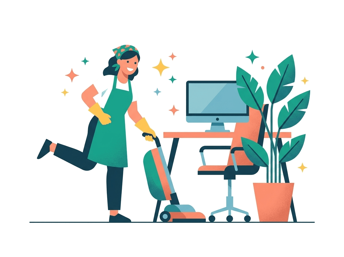 Ilustrace úklidu kanceláře - vysávání u pracovního stolu